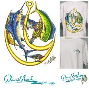 Colorful Fishing T-Shirt Mahi Barracuda Sailfish Marlin Gold Hooks Lures NWOT XL